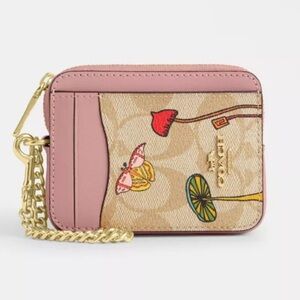 COACH X OBSERVED BY US ZIP CARD CASE IN SIGNATURE CANVAS LIHT KHAKI/LIGHT PINK